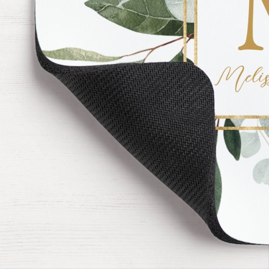 Monogram Watercolor Tropical Green Leaves Mousepad (Ecke)