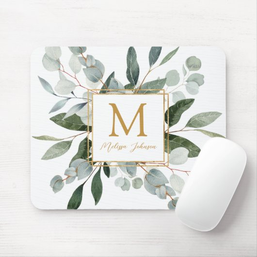 Monogram Watercolor Tropical Green Leaves Mousepad (Mit Mouse)
