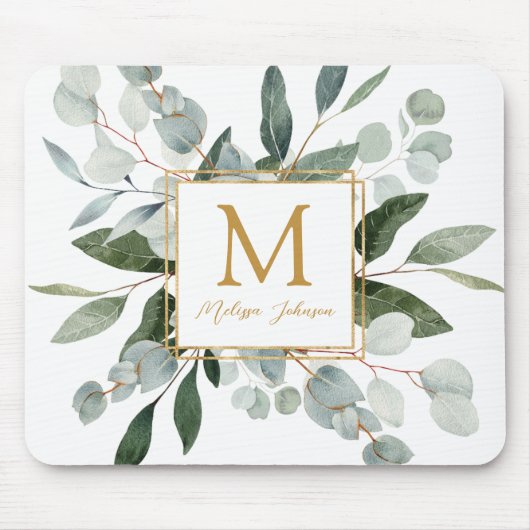 Monogram Watercolor Tropical Green Leaves Mousepad (Vorne)