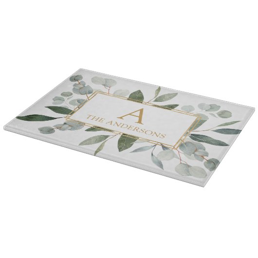 Monogram Watercolor Tropical Green Leaves Schneidebrett (Ecke)
