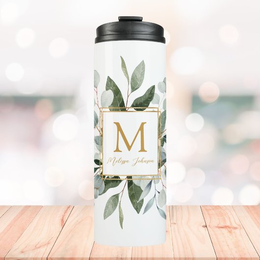 Monogram Watercolor Tropical Green Leaves Thermosbecher