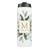 Monogram Watercolor Tropical Green Leaves Thermosbecher (Vorderseite)