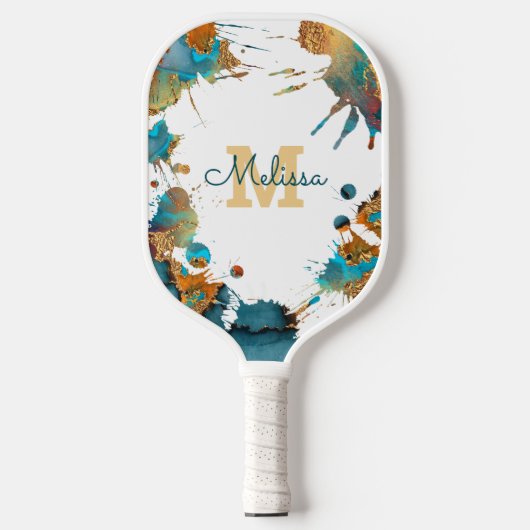Monogram Watercolor Türkise Gold Orange Spritzer Pickleball Schläger (Vorderseite)