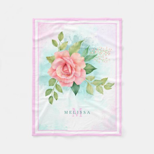 Monogram Watercolor Türkise Ombre Pink Rosa Rose Fleecedecke (Vorderseite)