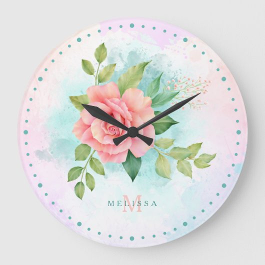 Monogram Watercolor Türkise Ombre Pink Rosa Rose Große Wanduhr (Vorderseite)