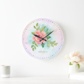 Monogram Watercolor Türkise Ombre Pink Rosa Rose Große Wanduhr (Zuhause)