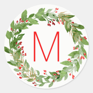 Monogram Watercolor Weihnachtskranz-Siegel Runder Aufkleber