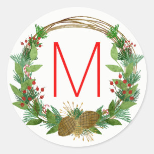 Monogram Watercolor Weihnachtskranz-Siegel Runder Aufkleber