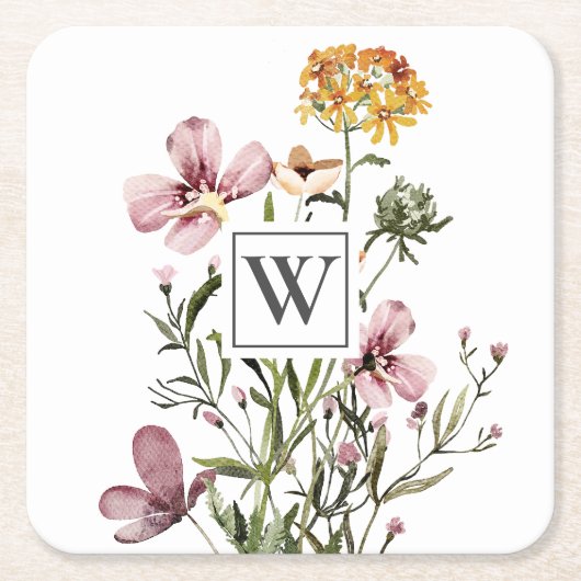 Monogram Watercolor Wildblume Bouquet #1 Rechteckiger Pappuntersetzer (Vorderseite)