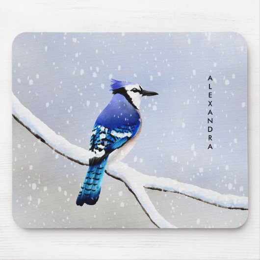 Monogram Watercolor Winter Snow Bird Blue Jay Mousepad (Vorne)
