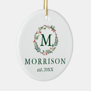 Monogram Watercolor Wreath New FOTO BACK Keramik Ornament
