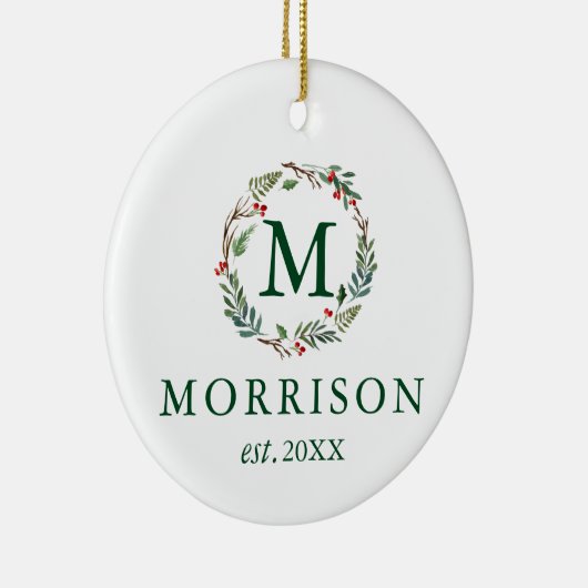 Monogram Watercolor Wreath New FOTO BACK Keramik Ornament (Rechts)