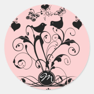 Monogram Wedding Birds Hearts Wirbel Runder Aufkleber