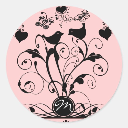 Monogram Wedding Birds Hearts Wirbel Runder Aufkleber (Vorderseite)