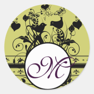 Monogram Wedding Birds Hearts Wirbel Runder Aufkleber