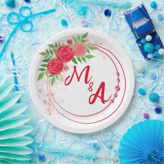 Monogram Wedding bridal reception red Pappteller (Party)