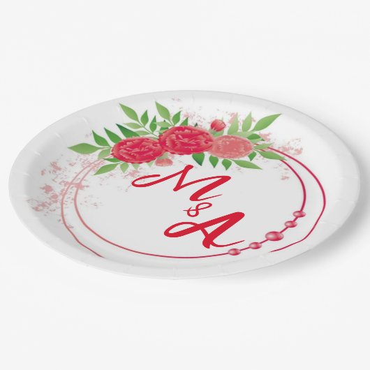 Monogram Wedding bridal reception red Pappteller (Schrägansicht)