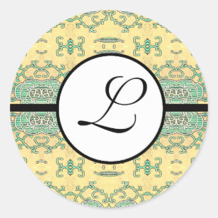 Monogram Wedding Brite Aqua Blue Borders Runder Aufkleber