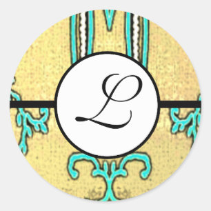 Monogram Wedding Brite Aqua Blue Borders Runder Aufkleber