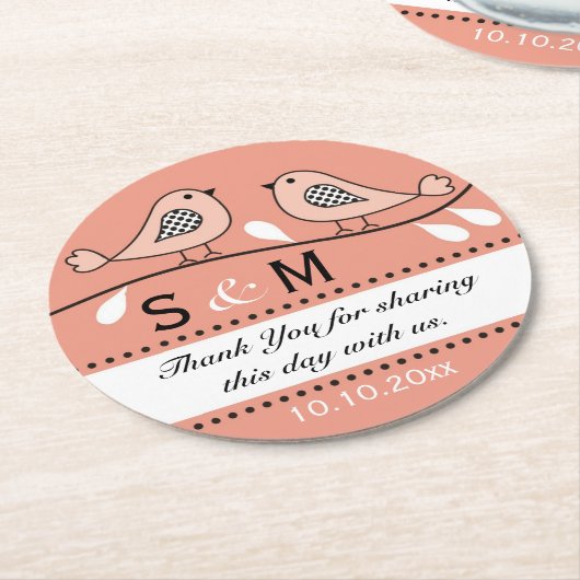 Monogram Wedding Danke, dass du Peach Love Birds Runder Pappuntersetzer (Angewinkelt)