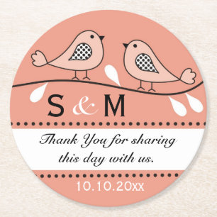 Monogram Wedding Danke, dass du Peach Love Birds Runder Pappuntersetzer