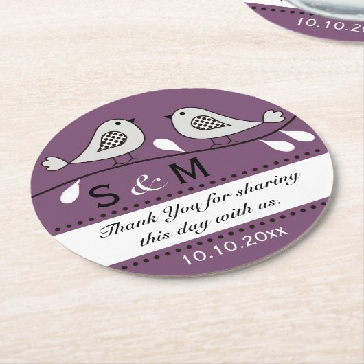 Monogram Wedding Danke Lila Liebesvögel Runder Pappuntersetzer (Angewinkelt)