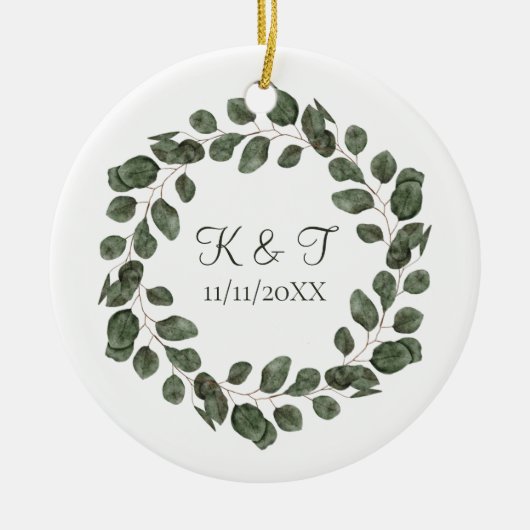 Monogram Wedding Date Eukalyptus Blätter Elegant Keramik Ornament (Vorne)