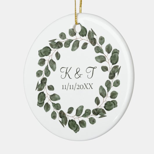 Monogram Wedding Date Eukalyptus Blätter Elegant Keramik Ornament (Links)