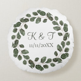 Monogram Wedding Date Eukalyptus Blätter Elegant Rundes Kissen