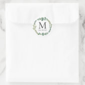 Monogram Wedding Date Eukalyptus Blätter Wreath Runder Aufkleber (Tasche)
