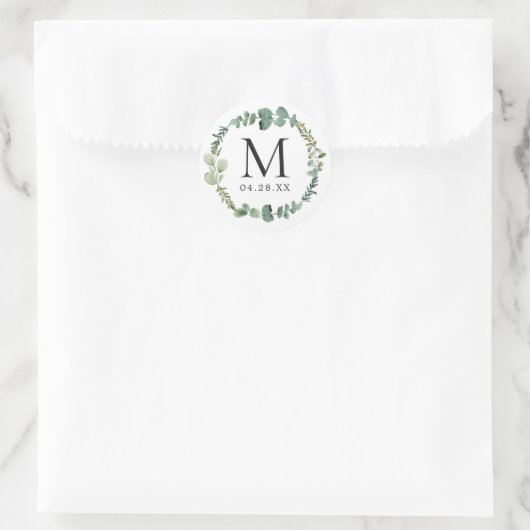 Monogram Wedding Date Eukalyptus Blätter Wreath Runder Aufkleber (Tasche)