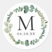 Monogram Wedding Date Eukalyptus Blätter Wreath Runder Aufkleber (Vorderseite)