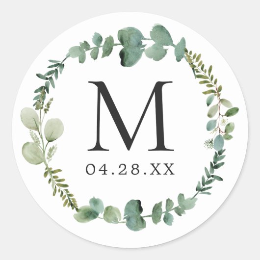 Monogram Wedding Date Eukalyptus Blätter Wreath Runder Aufkleber (Vorderseite)