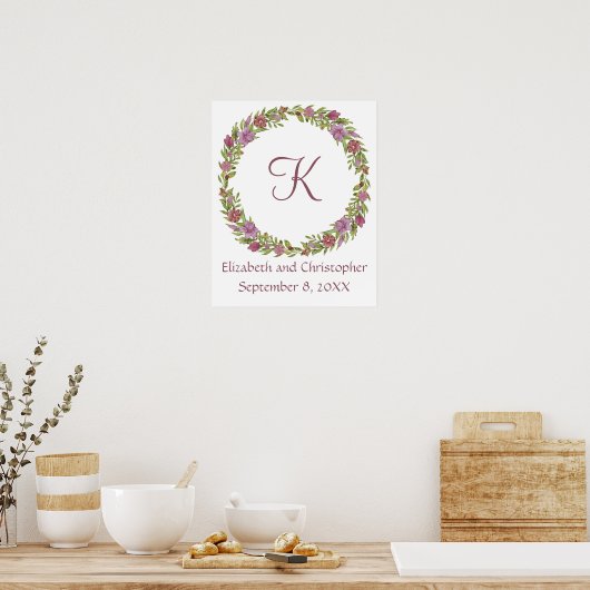 Monogram Wedding Date Names Pink Lila Floral Poster (Küche)