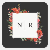 Monogram Wedding Delicate Poppy Dark Wedding Quadratischer Aufkleber (Vorderseite)