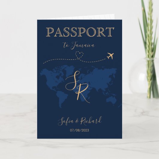 Monogram Wedding Destination Passport Weltkarte Einladung (Vorderseite)