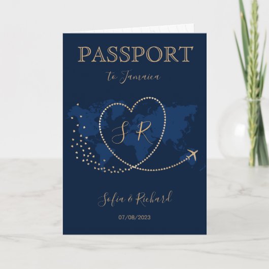 Monogram Wedding Destination Passport Weltkarte Einladung (Vorderseite)