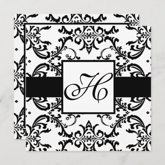 Monogram Wedding Einladung Black Swirl Damask (Vorne/Hinten)