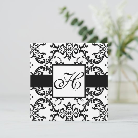 Monogram Wedding Einladung Black Swirl Damask (Stehend Vorderseite)