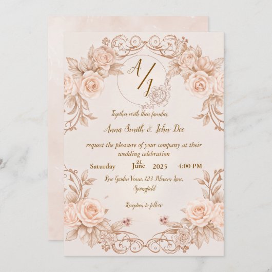 Monogram Wedding Einladung mit eleganter Rose Desi (Vorne/Hinten)