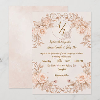 Monogram Wedding Einladung mit eleganter Rose Desi