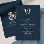 Monogram Wedding Einladung mit QR Code Blue