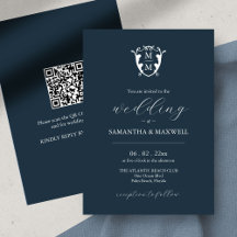 Monogram Wedding Einladung mit QR Code Blue