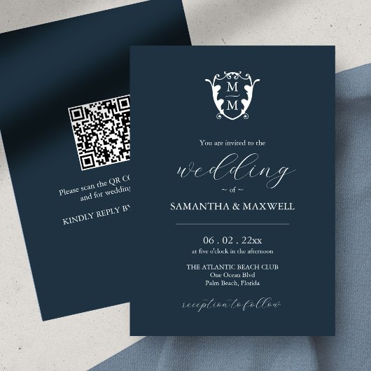 Monogram Wedding Einladung mit QR Code Blue