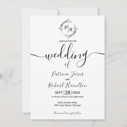 Monogram Wedding Floral Modern Calligraphy Einladung (Vorderseite)