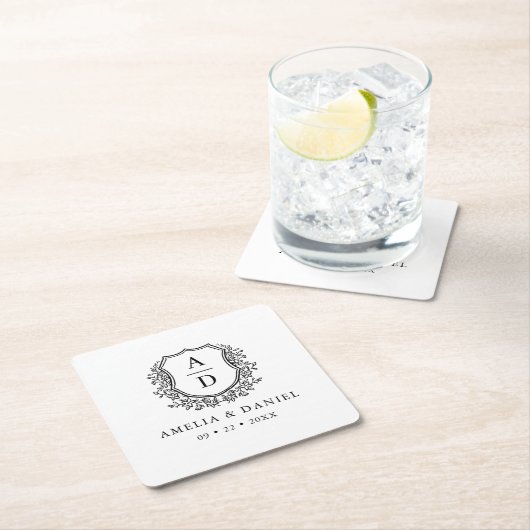 Monogram Wedding Floral Wappen Elegant Rechteckiger Pappuntersetzer (Vor Ort)