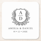 Monogram Wedding Floral Wappen Elegant Rechteckiger Pappuntersetzer (Vorderseite)