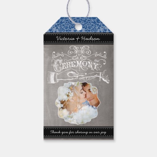 Monogram Wedding Foto Royal Blue Damask Muster Geschenkanhänger (Vorderseite)