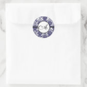Monogram Wedding Kanji für Liebe Blue Damask Runder Aufkleber (Tasche)