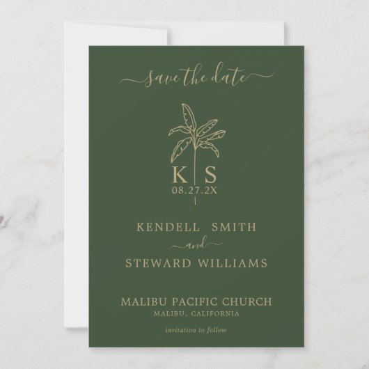 Monogram Wedding Logo Palm Tree Save the Date Einladung (Vorderseite)